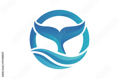 A stylized blue whale tail emerges from ocean waves inside a circular frame.