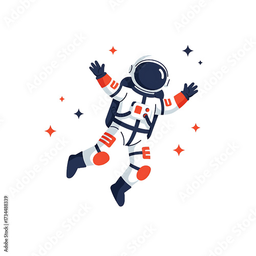 Astronaut floating in space with stars, cartoon illustration, cosmic exploration, white background