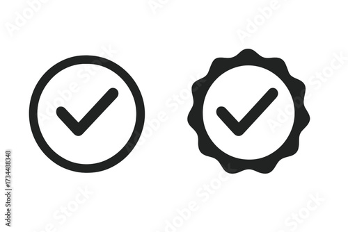 Check mark icon set. Quality certified symbol. Approved seal stamp. Tick sign in circle. Correct, success, or yes vote button. Validation and verification concept vector.
