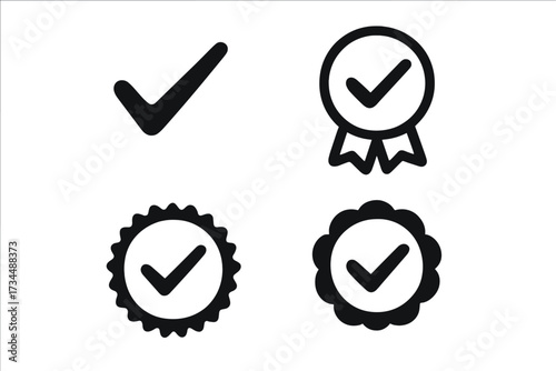 Vector icon set of approved check marks. Quality certified and guarantee seal collection. Tick symbol, award badge, validation icons for UI design and quality control.