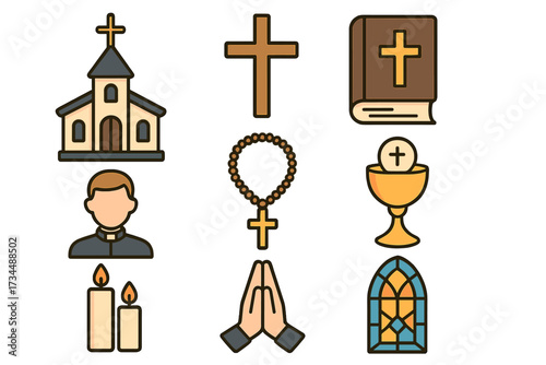 Christianity religion icon set. Vector cartoon illustration of church symbols. Faith and worship concepts. Holy Bible, cross, priest, prayer, Eucharist, rosary collection.