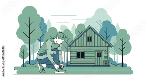 Vector illustration of a man tying shoelaces before running near a cabin in the forest providing a