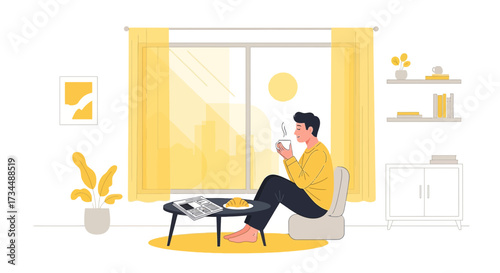 Vector illustration of a man enjoying a peaceful morning with coffee and newspaper in his home