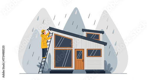 Vector illustration of a man repairing a modern house roof in the rain against a mountain backdrop
