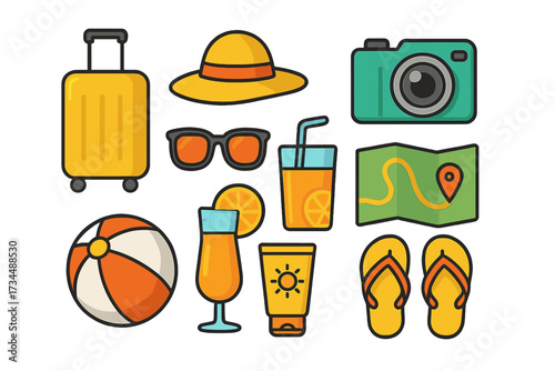 Summer travel essentials icon set. Vector vacation flat line icons. Suitcase, camera, sun hat, sunglasses, map, cocktail, sunscreen, flip flops, beach ball. Holiday trip.