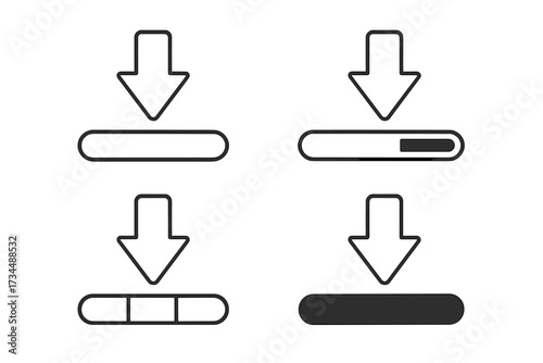 Download progress bar icon set. Loading status indicator collection. User interface UI UX element. Thin line style arrow down symbol. App and web design for data transfer.
