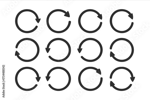 Big circle arrow icon set. Pictogram refresh, reload, and rotate symbols. Vector circular loop signs for UI, UX and web design elements. Update, repeat, and loading process.