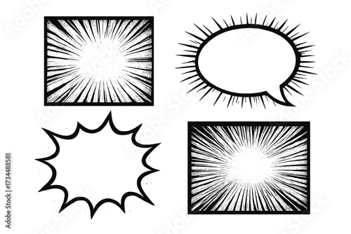 Comic book page elements. Manga speech bubble and action explosion shape. Superhero cartoon speed lines background. Radial sunburst focus effect. Vector pop art illustration set.