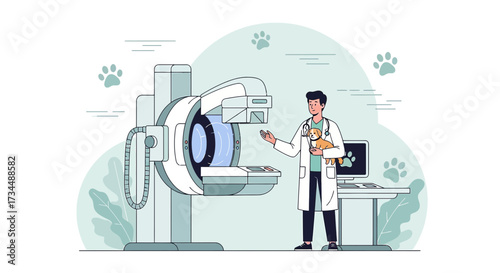 Veterinarian examining a pet with advanced medical imaging technology in clinic setting