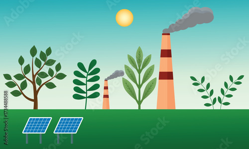Flat vector illustration contrasting polluting factories with smoke and clean renewable energy with solar panels and trees, emphasizing carbon reduction for a sustainable future.