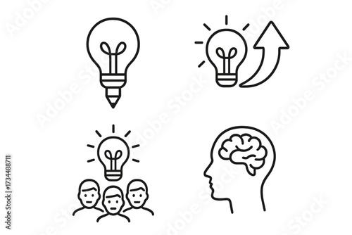 Creativity and idea icon set. Brainstorming, innovation, and teamwork concept. Light bulb, brain in head, and team symbols. Solution, thinking, and creative growth vector.