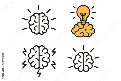 Brain icon set. Creative idea symbol with light bulb. Brainstorming and thinking process concept. Mind, intelligence, innovation, and solution vector line art illustration.