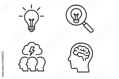 Idea and creativity line icon set. Concepts of brainstorming, innovation, and creative thinking. Finding a solution, research, and teamwork. Symbols for mind, brain, and intelligence.