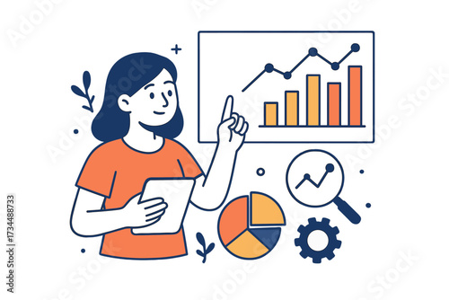 Business analyst woman presents data. Data analysis, statistics, and financial report. Infographic with chart, graph, pie chart. Marketing research and business strategy concept.