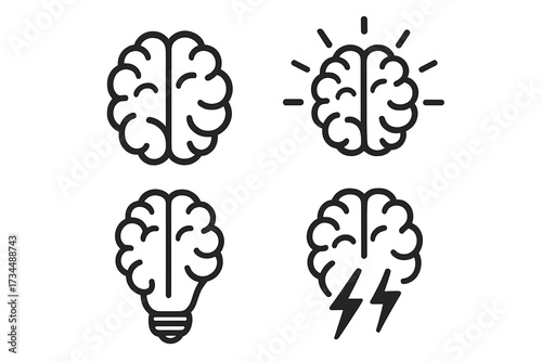 Brain icon set. Creative idea symbol collection. Mind, intelligence, brainstorm, and innovation concept. Vector illustration of thinking, genius, solution, lightbulb, lightning.