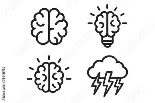 Brain icon set for creativity and innovation. Includes lightbulb idea symbol, thinking process, and brainstorm cloud with lightning. Vector line art for mind and intelligence.