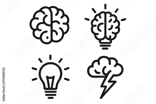 Creative idea and brainstorm icon set. Vector collection of brain, lightbulb, and thunder symbols. Metaphor for thinking, innovation, mind power, intelligence, learning, solution.