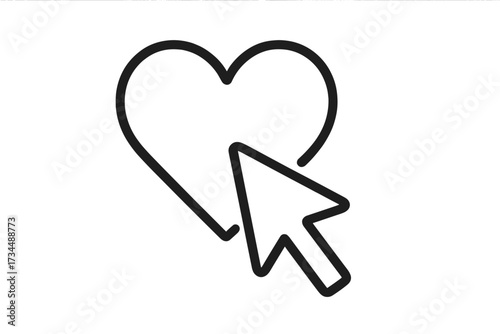 Cursor arrow clicking a heart outline icon. Like button, favorite symbol for web and apps. Social media concept for love, romance, dating. Vector illustration for online feedback.