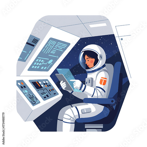 Astronaut in Spaceship Cockpit Using Tablet in Space Exploration Illustration