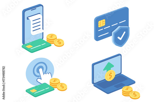 Isometric financial technology icon set. Online payment, mobile banking, secure transaction. E-commerce, money transfer and digital wallet concepts. Vector cartoon illustration.