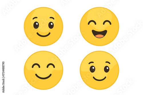 Set of cute smiling emoticons. Happy emoji face icon collection. Vector illustration of cheerful cartoon characters with different positive expressions. Yellow smileys pack design.