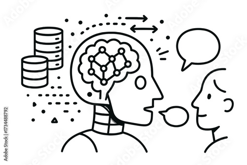 Artificial intelligence concept with robot head processing big data. Neural network learning to talk with human. Machine learning, chatbot dialogue, and communication evolution.