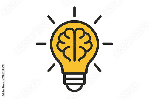 Vector icon of a brain in a light bulb. Metaphor for bright idea, creativity, innovation, brainstorming, intelligence, and inspiration. Concept for creative thinking and solution.