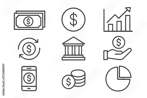 Business and finance line icon set. Money, banking, investment, and payment symbols. Vector icons for web, infographic. Dollar, chart, bank, transfer, mobile payment.