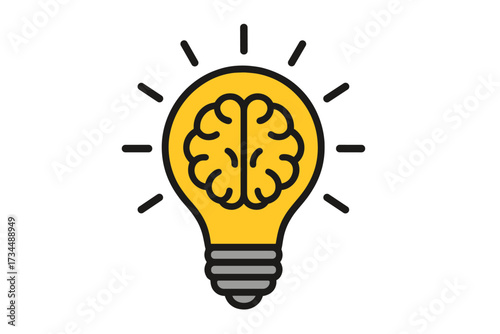 Bright idea icon with a brain inside a light bulb. Concept for creativity, innovation, brainstorming, and intelligence. Metaphor for knowledge, solution, and discovery vector.