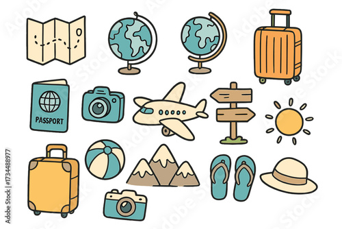 Travel and vacation icon set. Hand drawn doodle collection for summer holiday and tourism. Vector cartoon illustration of globe, passport, airplane, map and suitcase.