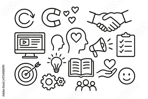 Inbound marketing strategy vector icon set. Business concepts for customer engagement, lead generation, content marketing, brand loyalty, crm. Line art illustration doodle style.