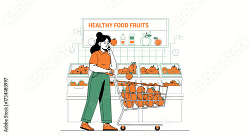 Woman choosing healthy food fruits in supermarket buying oranges in shopping cart illustration