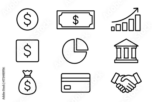 Business and finance line icon set. Money, dollar, banking symbols. Vector pictogram collection. Growth chart, bank, credit card, handshake, payment and investment icons.