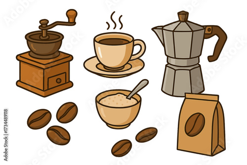 Coffee maker vector icon set. Cartoon illustration of moka pot, manual grinder, espresso cup, roasted beans, sugar. Isolated elements for cafe menu, beverage, breakfast design.