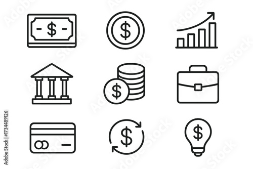 Business and finance line icon set. Money, banking, investment, payment symbols. Dollar bill, coin, growth chart, bank, briefcase, credit card. Financial pictogram collection.