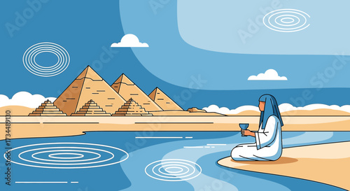 Woman meditating near pyramids of Egypt illustration vector concept scene minimal style design