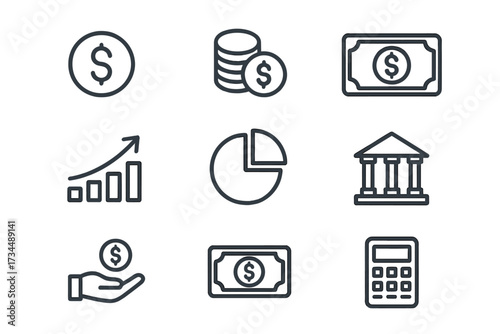 Finance and business thin line icon set. Money, banking, and investment symbols. Dollar coin, cash, bank, calculator, profit growth chart and data pictogram collection.