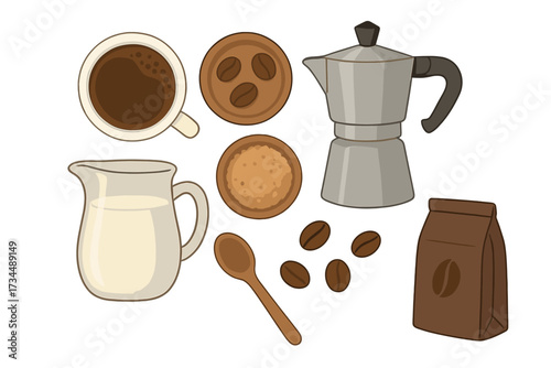 Coffee time flat lay illustration with ingredients. Vector set with moka pot, coffee cup, beans, sugar, milk and spoon. Morning breakfast or coffee break concept cartoon.