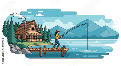 Woman enjoying a peaceful fishing trip at a lakeside cabin in a serene mountain landscape