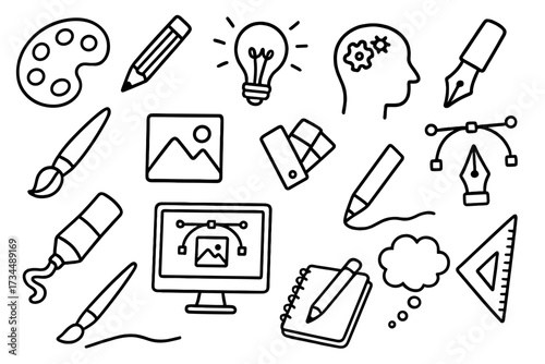 Graphic design and creativity icon set. Hand drawn doodle collection. Art, illustration, and digital drawing tools. Vector line art symbols for creative process and ideas.