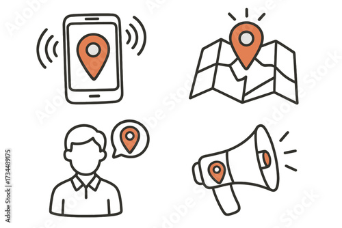 Local marketing icon set. Geo-targeting and location based advertising concept. Vector icons of phone with GPS, map pin, person and megaphone for local business promotion.