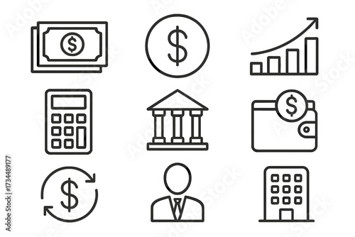 Business and finance thin line icon set. Concepts of money, banking, investment, and economy. Vector symbols including dollar, bank, growth chart, calculator, and wallet.