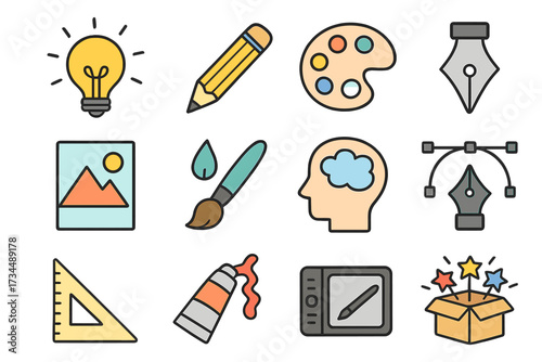 Creative process icon set for graphic design. Art and inspiration symbols. Lightbulb idea, pencil, palette, pen tool, drawing tablet and paintbrush. Vector illustration collection.