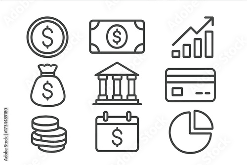 Business and finance thin line icon set. Money, banking, investment, payment, and profit growth concepts. Outline vector symbols for web, infographic, app. Dollar, chart signs.