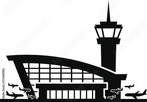 Modern airport terminal and control tower silhouette with airplanes