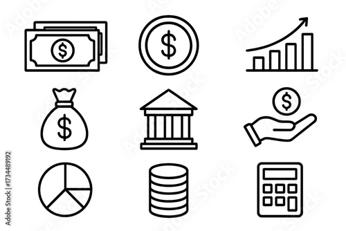Business and finance line icon set. Banking, investment, currency, savings, profit, growth chart, accounting, calculator, and payment concepts. Vector dollar symbols for web.