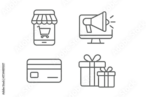 E-commerce and online shopping vector icon set. Thin line style symbols for mobile store, digital marketing, credit card payment, and gift purchase for web and app design.
