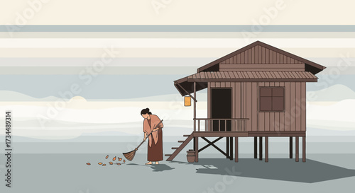 Woman sweeping leaves near a traditional wooden house on stilts in a serene landscape illustration