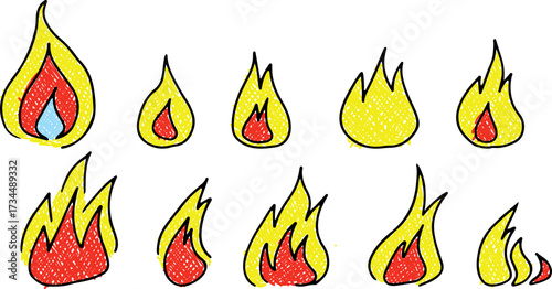 Collection of flames and blazing fire illustrations. Painted with a colored red and yellow brush, drawn with black curved lines in grunge style