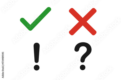 Check mark icon set. Green OK tick, red X cross, exclamation & question mark. Vector approval signs for checklist, test, quiz. Yes, no, warning & help symbols collection.